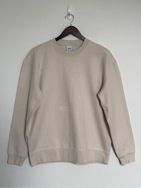 Zara Men Sand Beige Crewneck with Minimal Line Art